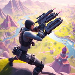 A character in the game Fortnite, equipped with only grey weapons, engaged in an action-packed solo battle