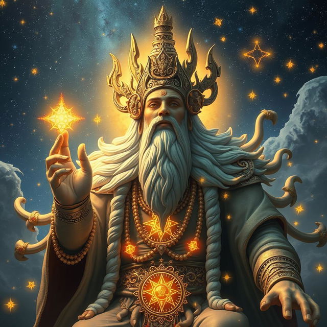 A fantastical depiction of Butane God, a mythical deity, adorned with intricate symbols related to butane gas