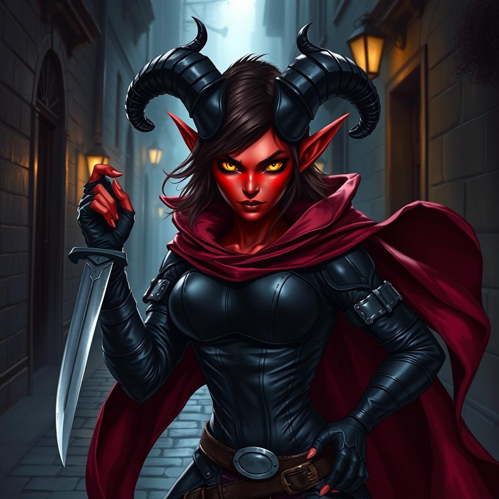 A dynamic and mysterious female Tiefling thief character from a Dungeons and Dragons universe