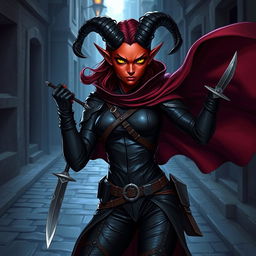 A dynamic and mysterious female Tiefling thief character from a Dungeons and Dragons universe