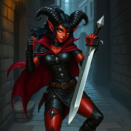 A dynamic and mysterious female Tiefling thief character from a Dungeons and Dragons universe