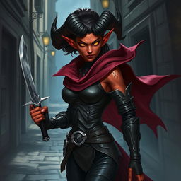 A dynamic and mysterious female Tiefling thief character from a Dungeons and Dragons universe