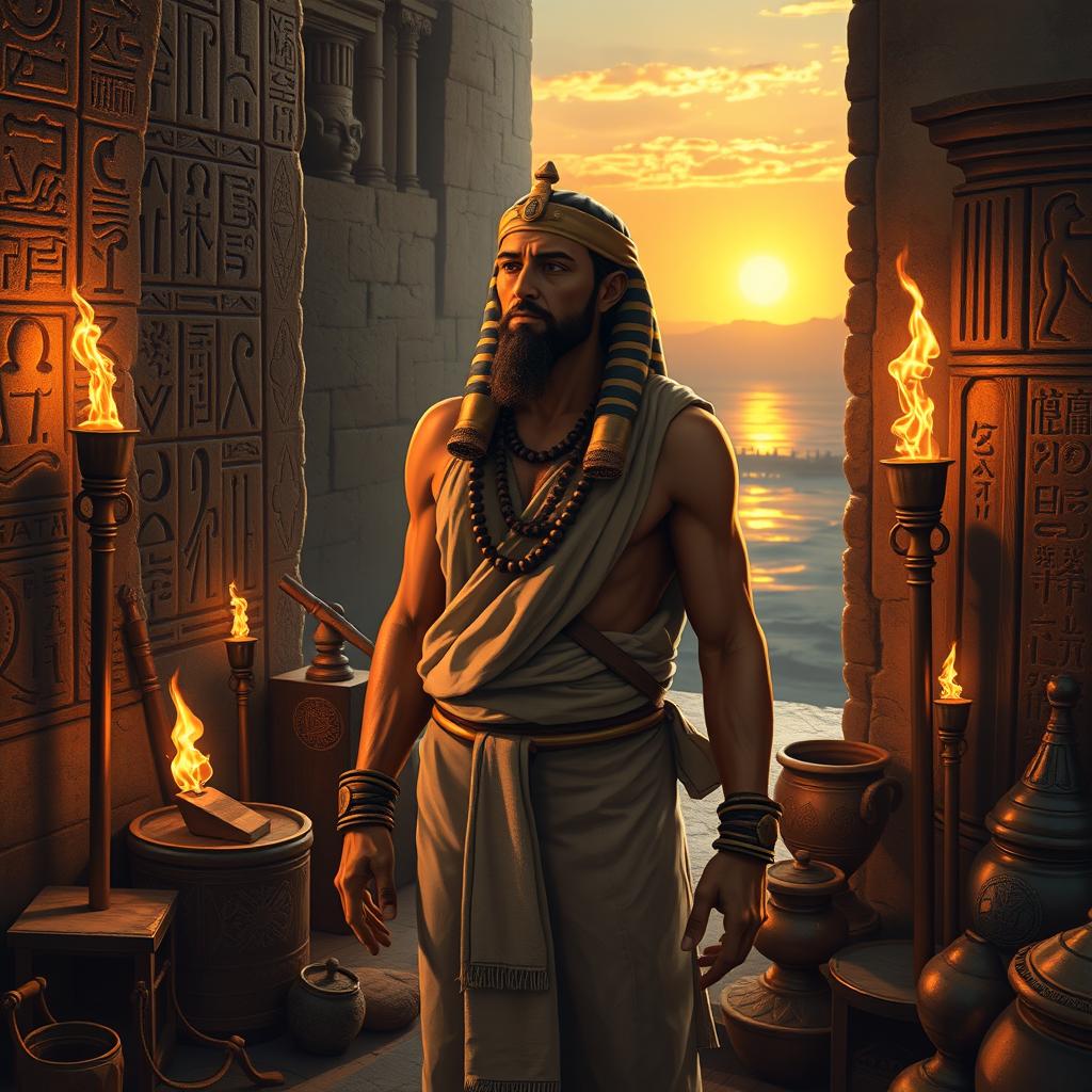 Sinuhet, the ancient Egyptian scribe with a wise and contemplative expression, standing amidst a backdrop of Egyptian hieroglyphs and artifacts