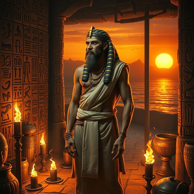 Sinuhet, the ancient Egyptian scribe with a wise and contemplative expression, standing amidst a backdrop of Egyptian hieroglyphs and artifacts