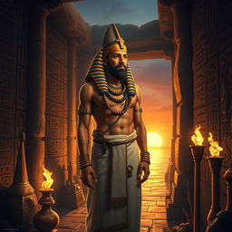 Sinuhet, the ancient Egyptian scribe with a wise and contemplative expression, standing amidst a backdrop of Egyptian hieroglyphs and artifacts