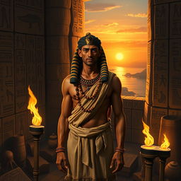 Sinuhet, the ancient Egyptian scribe with a wise and contemplative expression, standing amidst a backdrop of Egyptian hieroglyphs and artifacts