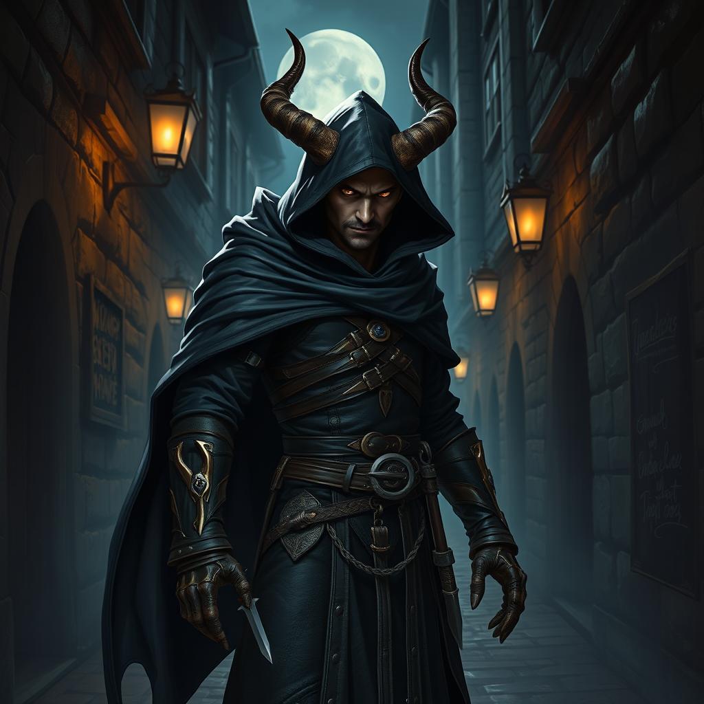 A charismatic and cunning tiefling male thief in a dark, mysterious cloak with horns prominently displayed