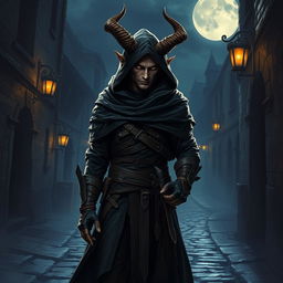 A charismatic and cunning tiefling male thief in a dark, mysterious cloak with horns prominently displayed