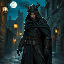 A charismatic and cunning tiefling male thief in a dark, mysterious cloak with horns prominently displayed