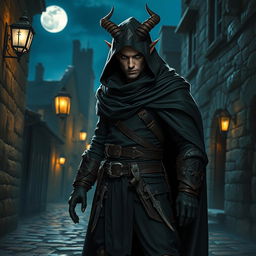 A charismatic and cunning tiefling male thief in a dark, mysterious cloak with horns prominently displayed