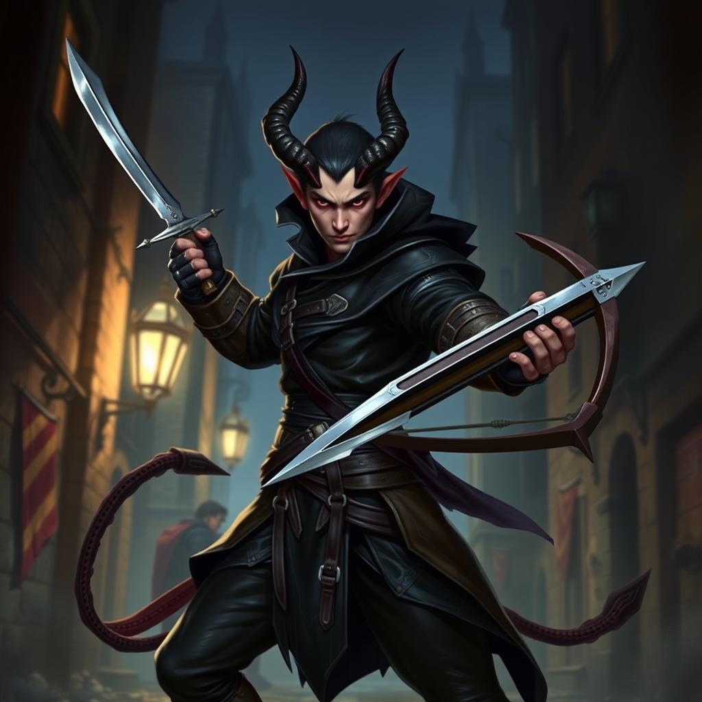 A tiefling thief character from a Dungeons & Dragons campaign, featuring a male with striking demonic horns and a long tail