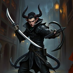 A tiefling thief character from a Dungeons & Dragons campaign, featuring a male with striking demonic horns and a long tail