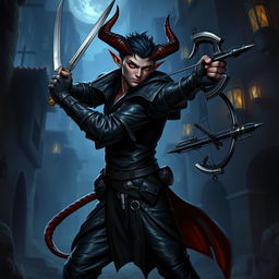 A tiefling thief character from a Dungeons & Dragons campaign, featuring a male with striking demonic horns and a long tail