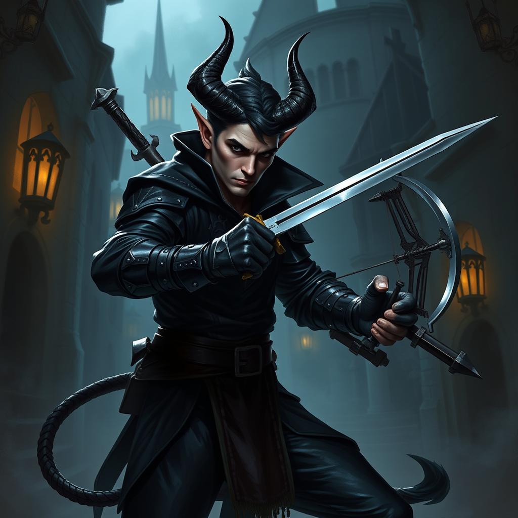 A tiefling thief character from a Dungeons & Dragons campaign, featuring a male with striking demonic horns and a long tail