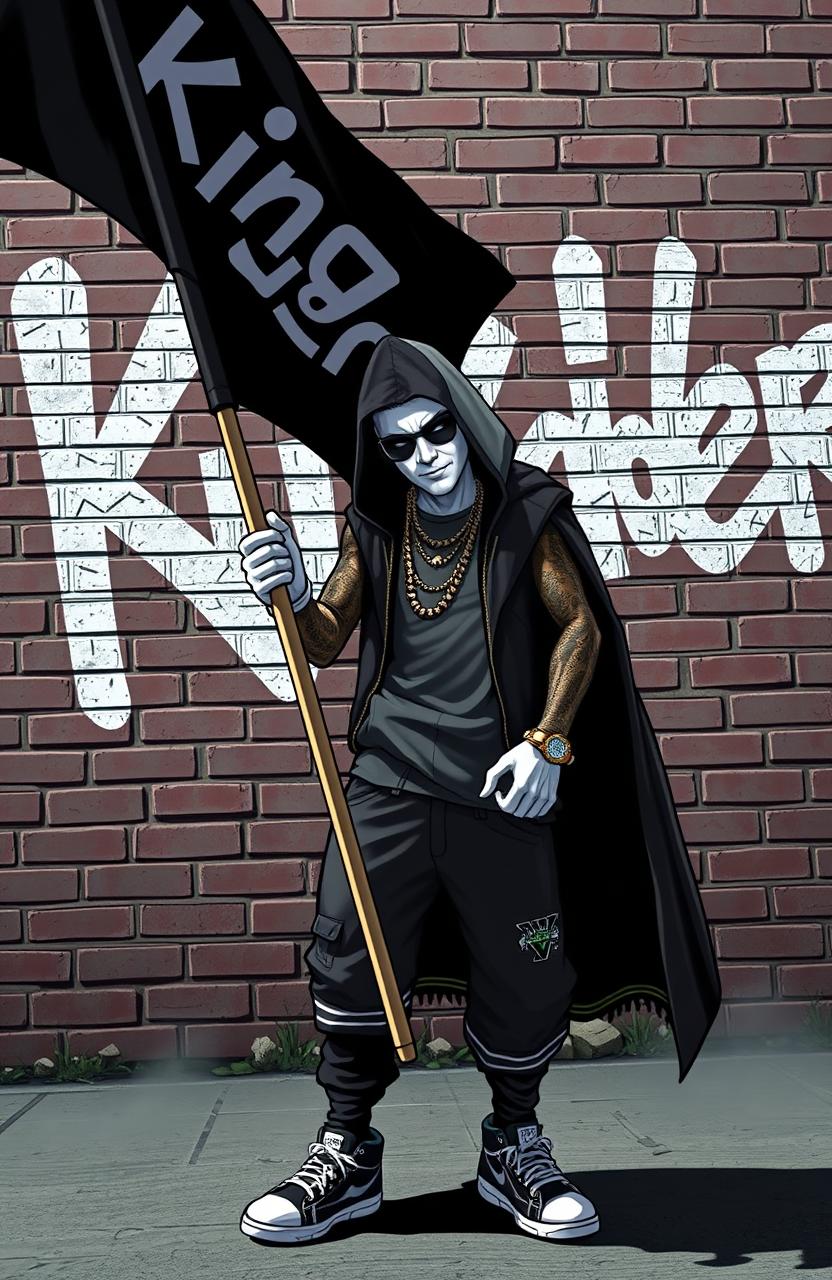 A hip-hop character designed in the style of GTA game characters with white skin, holding a flag that reads 'King Rider'