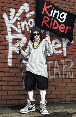 A hip-hop character designed in the style of GTA game characters with white skin, holding a flag that reads 'King Rider'