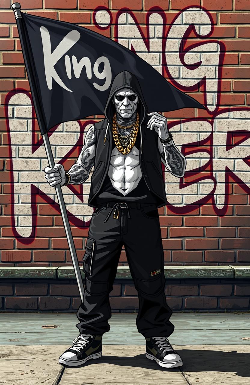 A hip-hop character designed in the style of GTA game characters with white skin, holding a flag that reads 'King Rider'