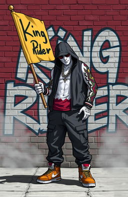 A hip-hop character designed in the style of GTA game characters with white skin, holding a flag that reads 'King Rider'