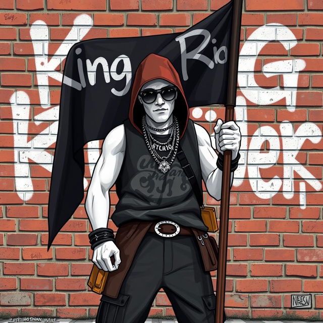 A hip-hop character designed in the style of GTA game characters with white skin, holding a flag that reads 'King Rider'