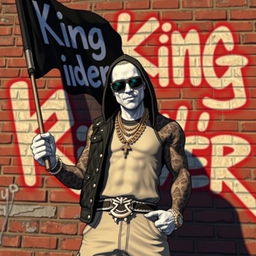 A hip-hop character designed in the style of GTA game characters with white skin, holding a flag that reads 'King Rider'