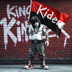 A hip-hop character designed in the style of GTA game characters with white skin, holding a flag that reads 'King Rider'