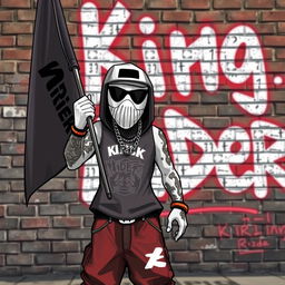 A hip-hop character designed in the style of GTA game characters with white skin, holding a flag that reads 'King Rider'