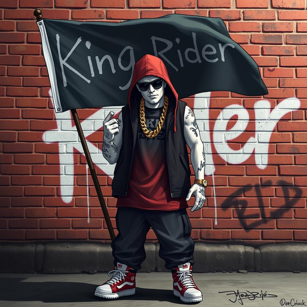 A hip-hop character designed in the style of GTA game characters with white skin, holding a flag that reads 'King Rider'