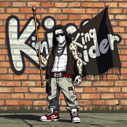 A hip-hop character designed in the style of GTA game characters with white skin, holding a flag that reads 'King Rider'