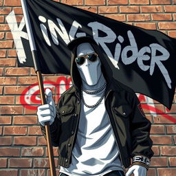 A hip-hop character designed in the style of GTA game characters with white skin, holding a flag that reads 'King Rider'