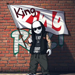 A hip-hop character designed in the style of GTA game characters with white skin, holding a flag that reads 'King Rider'