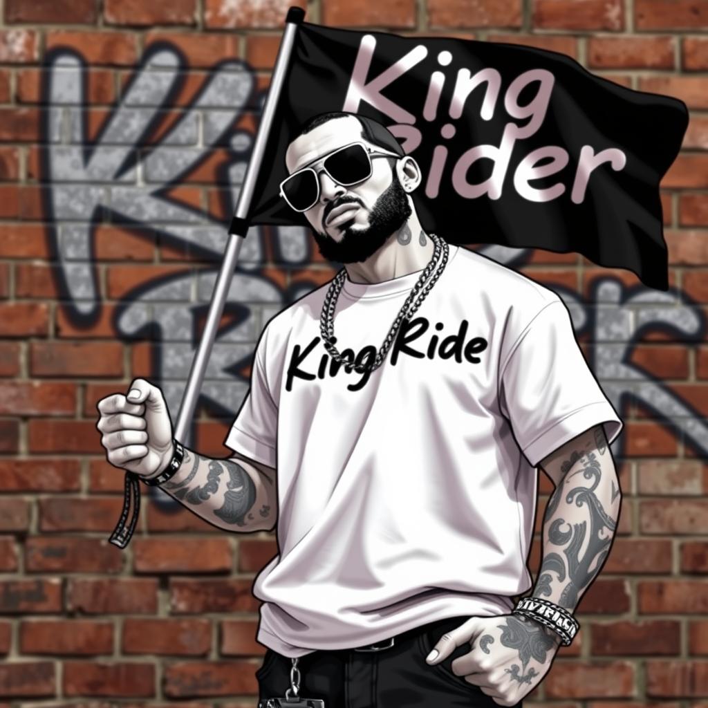 A hip-hop character designed in the style of GTA game characters with white skin, holding a flag that reads 'King Rider'