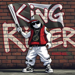 A hip-hop character designed in the style of GTA game characters with white skin, holding a flag that reads 'King Rider'