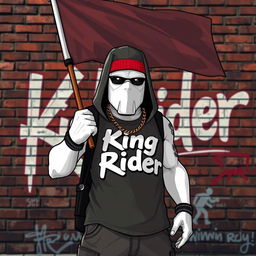 A hip-hop character designed in the style of GTA game characters with white skin, holding a flag that reads 'King Rider'