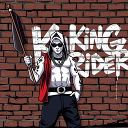 A hip-hop character designed in the style of GTA game characters with white skin, holding a flag that reads 'King Rider'