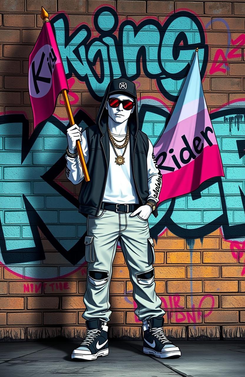 A hip-hop character styled like a GTA game character, with white skin, holding a flag that has 'King Rider' written on it