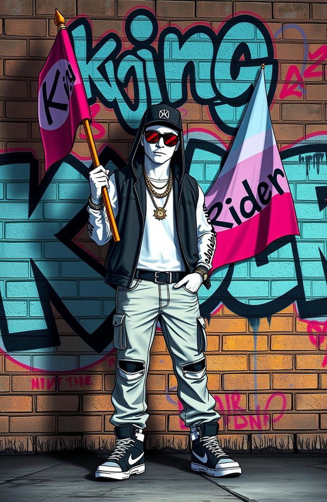 A hip-hop character styled like a GTA game character, with white skin, holding a flag that has 'King Rider' written on it