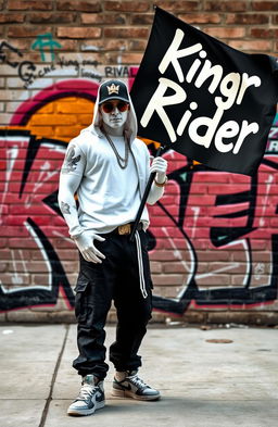 A hip-hop character styled like a GTA game character, with white skin, holding a flag that has 'King Rider' written on it