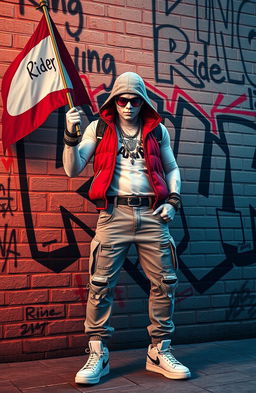 A hip-hop character styled like a GTA game character, with white skin, holding a flag that has 'King Rider' written on it