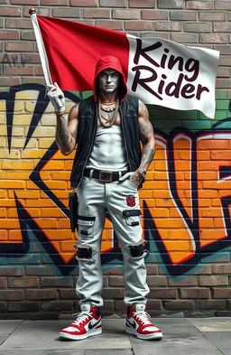 A hip-hop character styled like a GTA game character, with white skin, holding a flag that has 'King Rider' written on it