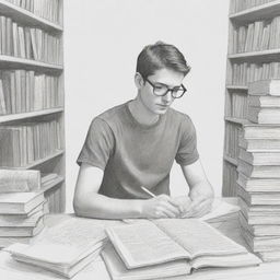 Illustrate a simple, yet detailed, drawing of a diligent student deep in study, surrounded by books, note papers, and a laptop.