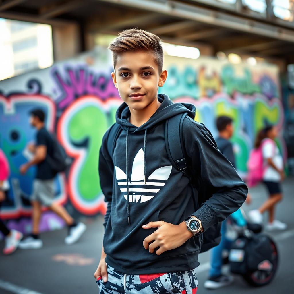 A vibrant, energetic and youthful scene focusing on modern street fashion