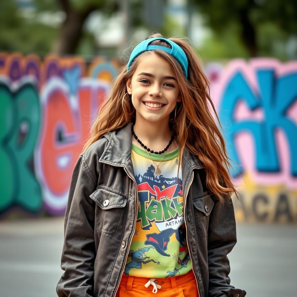 A youthful, cheerful scene featuring a teenage girl in trendy, colorful streetwear