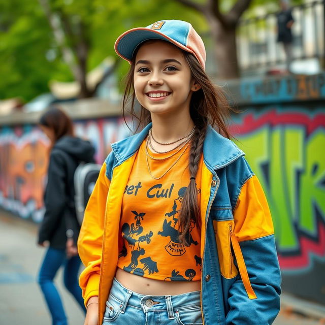 A youthful, cheerful scene featuring a teenage girl in trendy, colorful streetwear