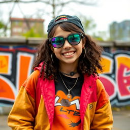 A youthful, cheerful scene featuring a teenage girl in trendy, colorful streetwear