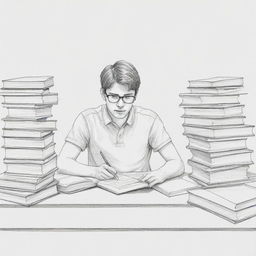 Illustrate a simple, yet detailed, drawing of a diligent student deep in study, surrounded by books, note papers, and a laptop.