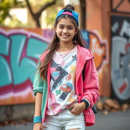 A youthful, cheerful scene featuring a teenage girl in trendy, colorful streetwear