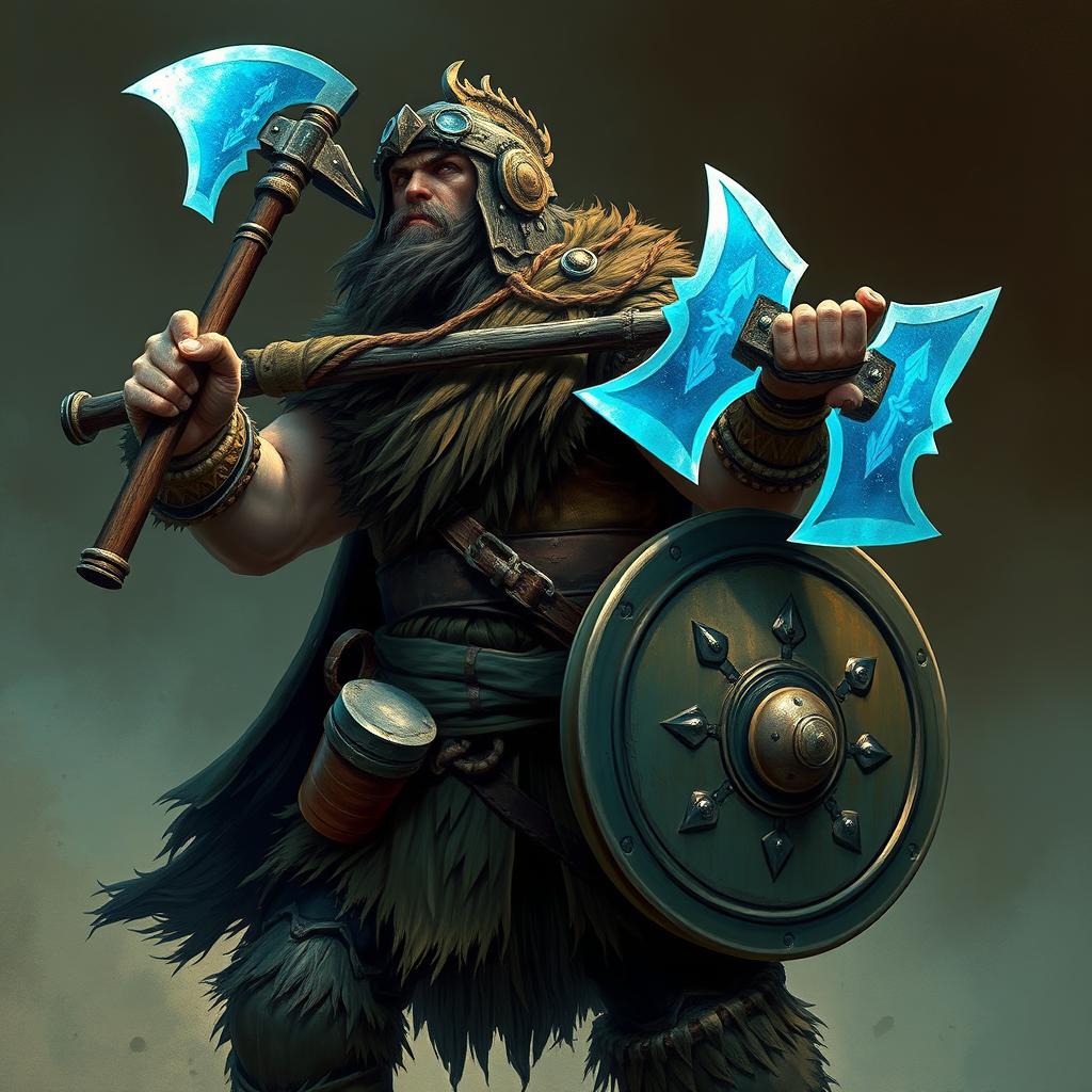 A fierce barbarian wielding a mighty crossbow, complemented by an azure-hued double ax in one hand and a large shield in the other