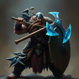 A fierce barbarian wielding a mighty crossbow, complemented by an azure-hued double ax in one hand and a large shield in the other