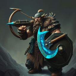 A fierce barbarian wielding a mighty crossbow, complemented by an azure-hued double ax in one hand and a large shield in the other