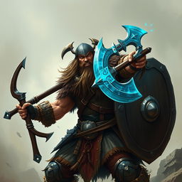 A fierce barbarian wielding a mighty crossbow, complemented by an azure-hued double ax in one hand and a large shield in the other